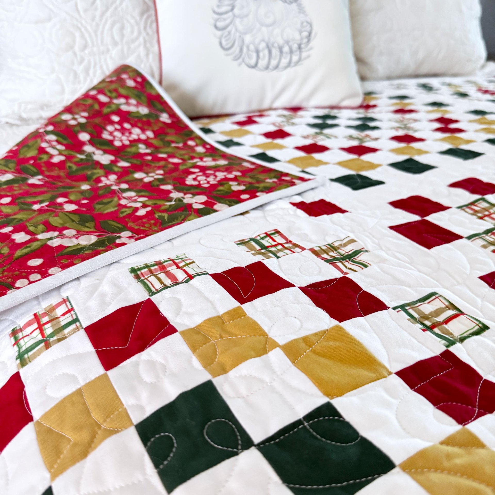 Handmade Christmas Quilt, Christmas Holiday Colors, Large Throw, 55 X 72