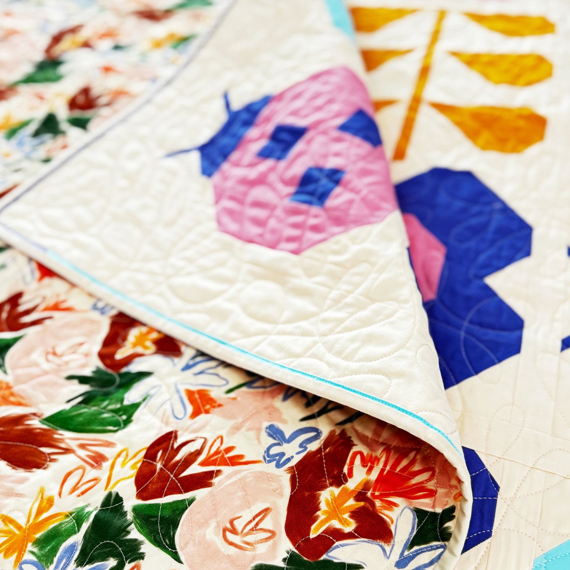 Handmade Patchwork Quilt, Flowers and Ladybugs, Modern Spring Throw, 58 X 68