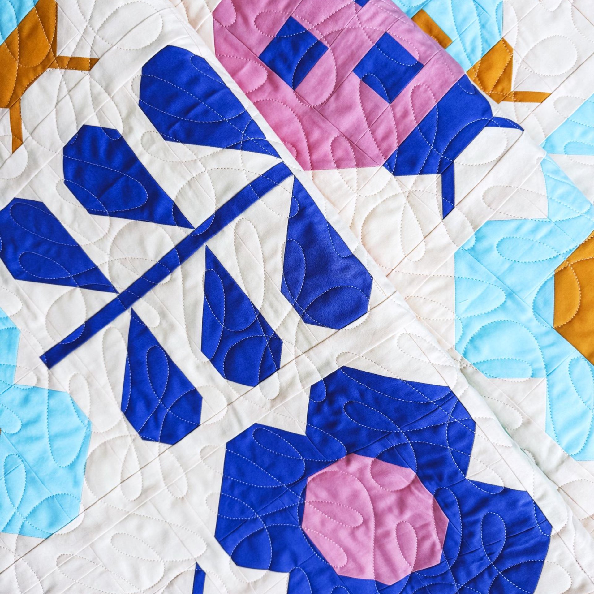 Handmade Patchwork Quilt, Flowers and Ladybugs, Modern Spring Throw, 58 X 68