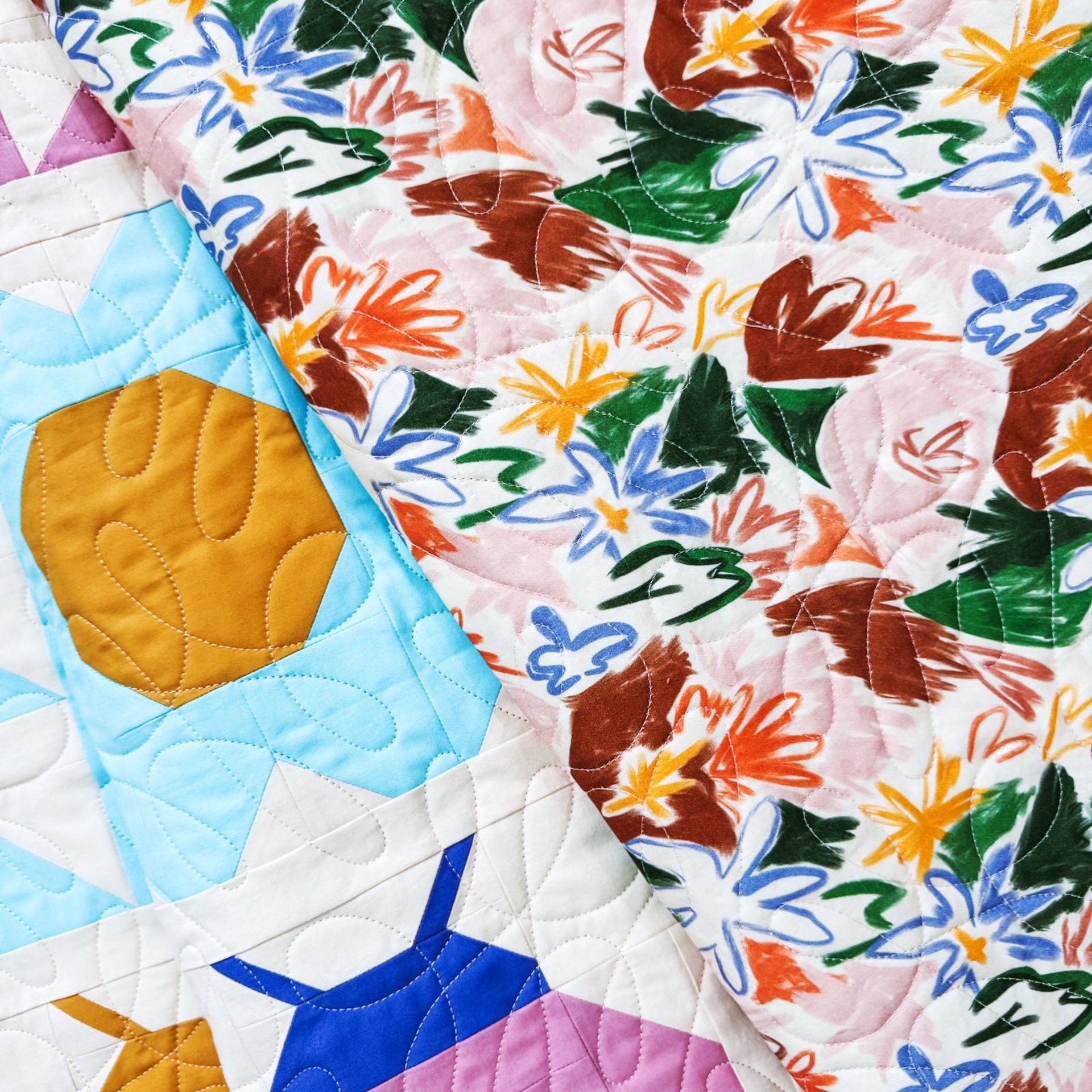Handmade Patchwork Quilt, Flowers and Ladybugs, Modern Spring Throw, 58 X 68