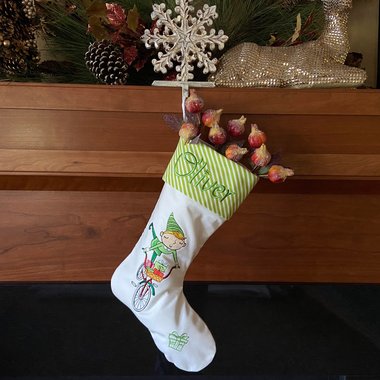 Personalized Christmas Stocking, Embroidered Elf on Bike, Handmade Cotton