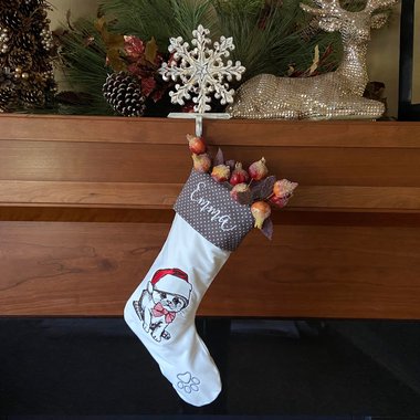 Personalized Christmas Stocking, Embroidered with Sweet Kitten and Your Choice of Name