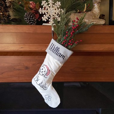 Personalized Christmas Stocking, Embroidered with Puppy and Your Choice of Name