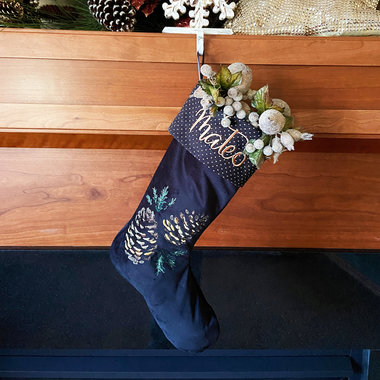 Personalized Christmas Stocking, Embroidered with Golden Pinecones and Your Choice of Name