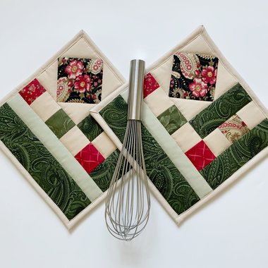 Quilted Potholders, Set of 2, Handmade Hot Pads, Green & Red Paisley