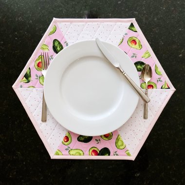 Placemats, Quilted Pink and White with Avocados and Dots, Perfect for Round Tables, Set of Two Hexagon-Shaped Table Mats