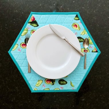 Placemats, Quilted Blue Aqua with Avocados and Dots, Perfect for Round Tables, Set of Two Hexagon-Shaped Table Mats