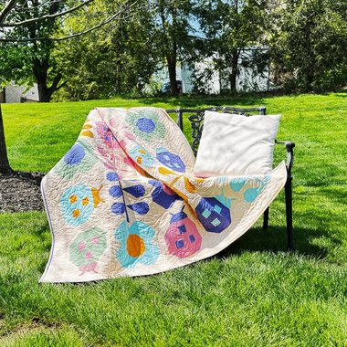 Handmade Patchwork Quilt, Flowers and Ladybugs, Modern Spring Throw, 58 X 68